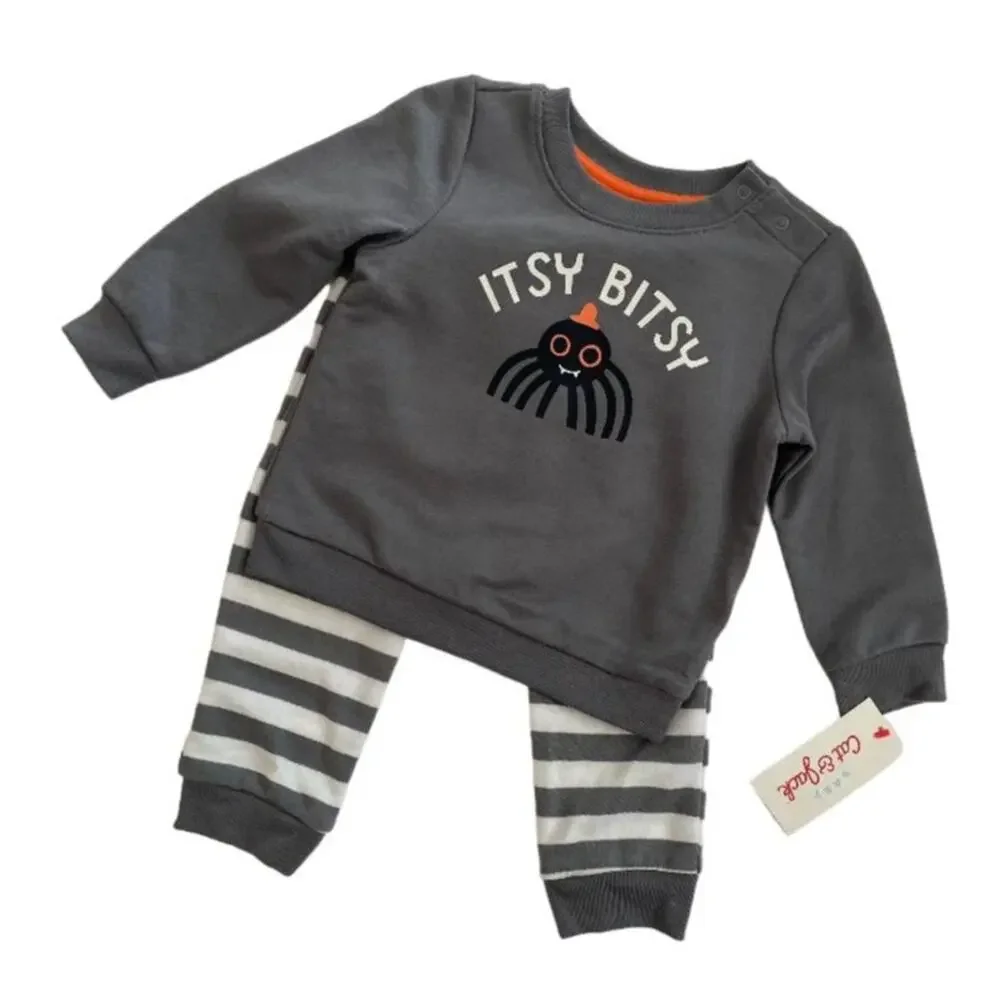 Cat & Jack Baby Unisex Gray Spider Itsy Bitsy Halloween Sweatshirt Pants Set 12M